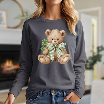 Watercolor teddy bear with green checkered bow tie and four-leaf clovers on a gray long-sleeve tee.