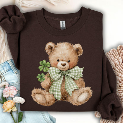 Dark Chocolate S sweatshirt with a watercolor teddy bear holding shamrocks and wearing a green gingham bow.