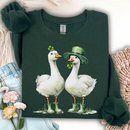 Forest Green sweatshirt with two anthropomorphic geese in St. Patrick's Day attire and green boots.