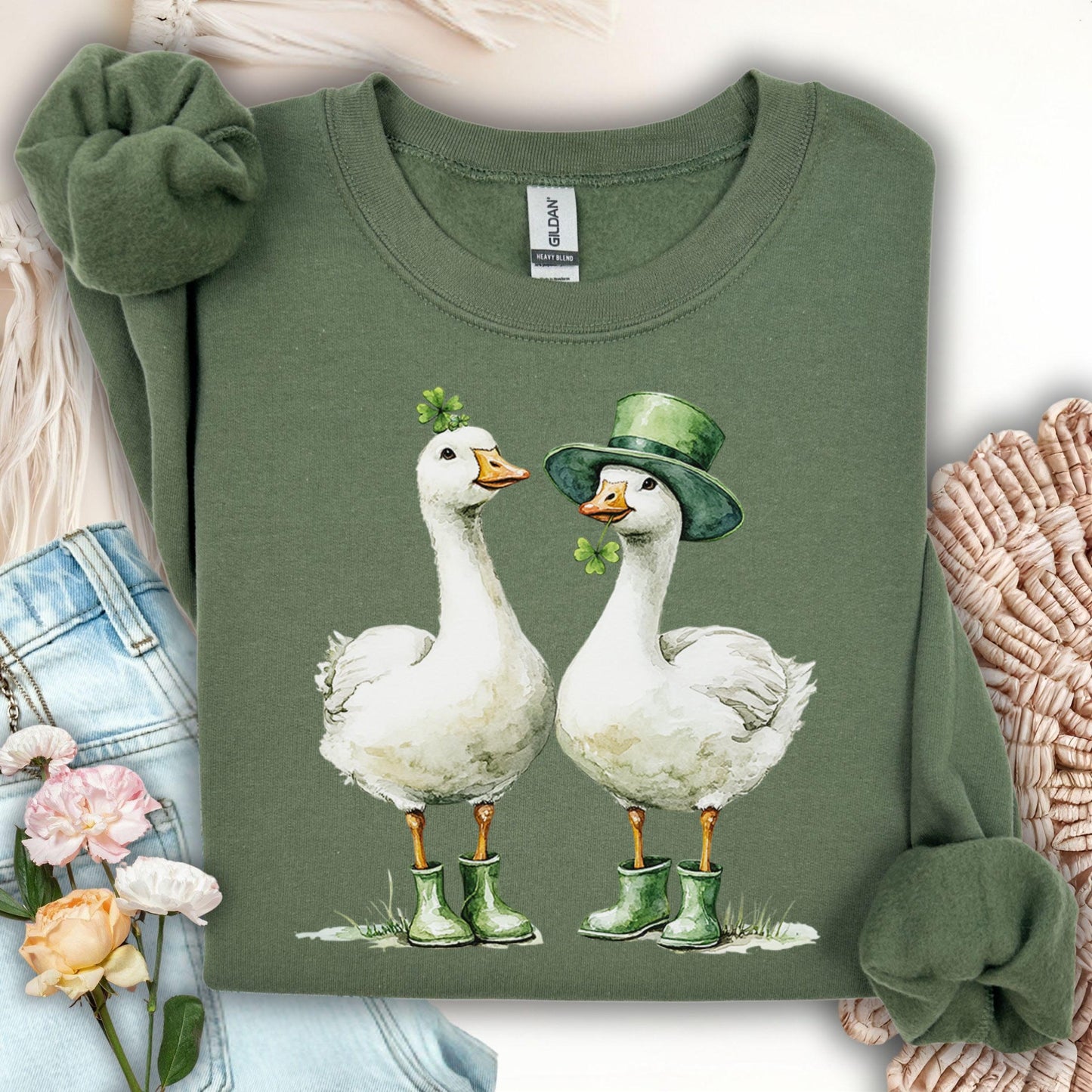 Military Green sweatshirt with two St. Patrick's Day geese in shamrock hats and green boots.