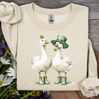Sand sweatshirt with two St. Patrick's Day geese in green boots and shamrock hats.