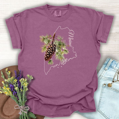 Berry S t-shirt with Maine outline, pine cone, and branch design.