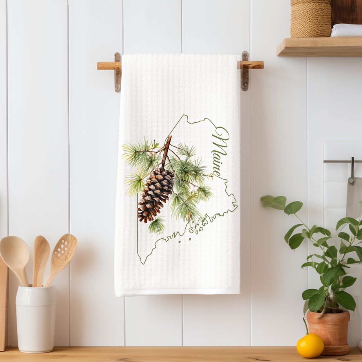 Maine State Flower Tea Towel – White Pine Cone & Tassle