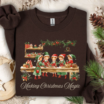 Dark Chocolate S sweatshirt with vintage elves making Christmas magic, surrounded by festive decor.