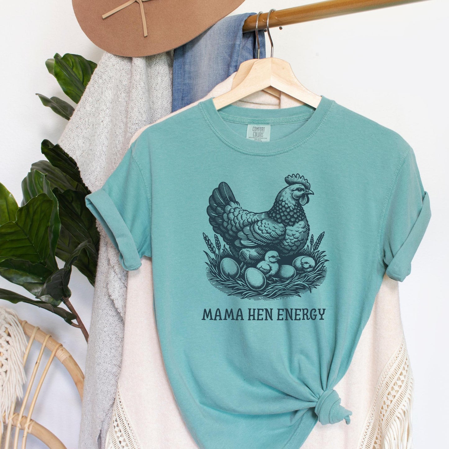 Seafoam Mama Hen Energy T-shirt with vintage hen, chicks, and eggs design.