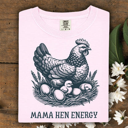 Blossom pink Comfort Colors t-shirt with a vintage hen, chicks, and "Mama Hen Energy" graphic.