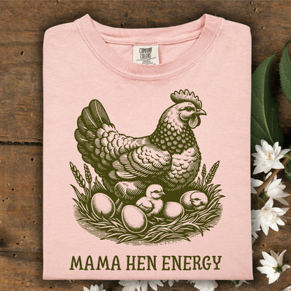 Peachy Comfort Colors t-shirt with a vintage hen, chicks, eggs, and "Mama Hen Energy" text.
