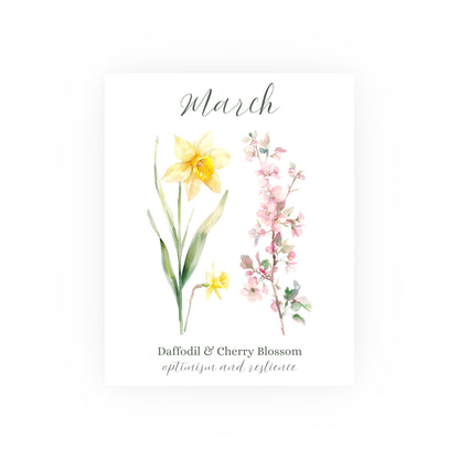 Watercolor daffodil and cherry blossom art print for March, with "optimism and resilience" text.