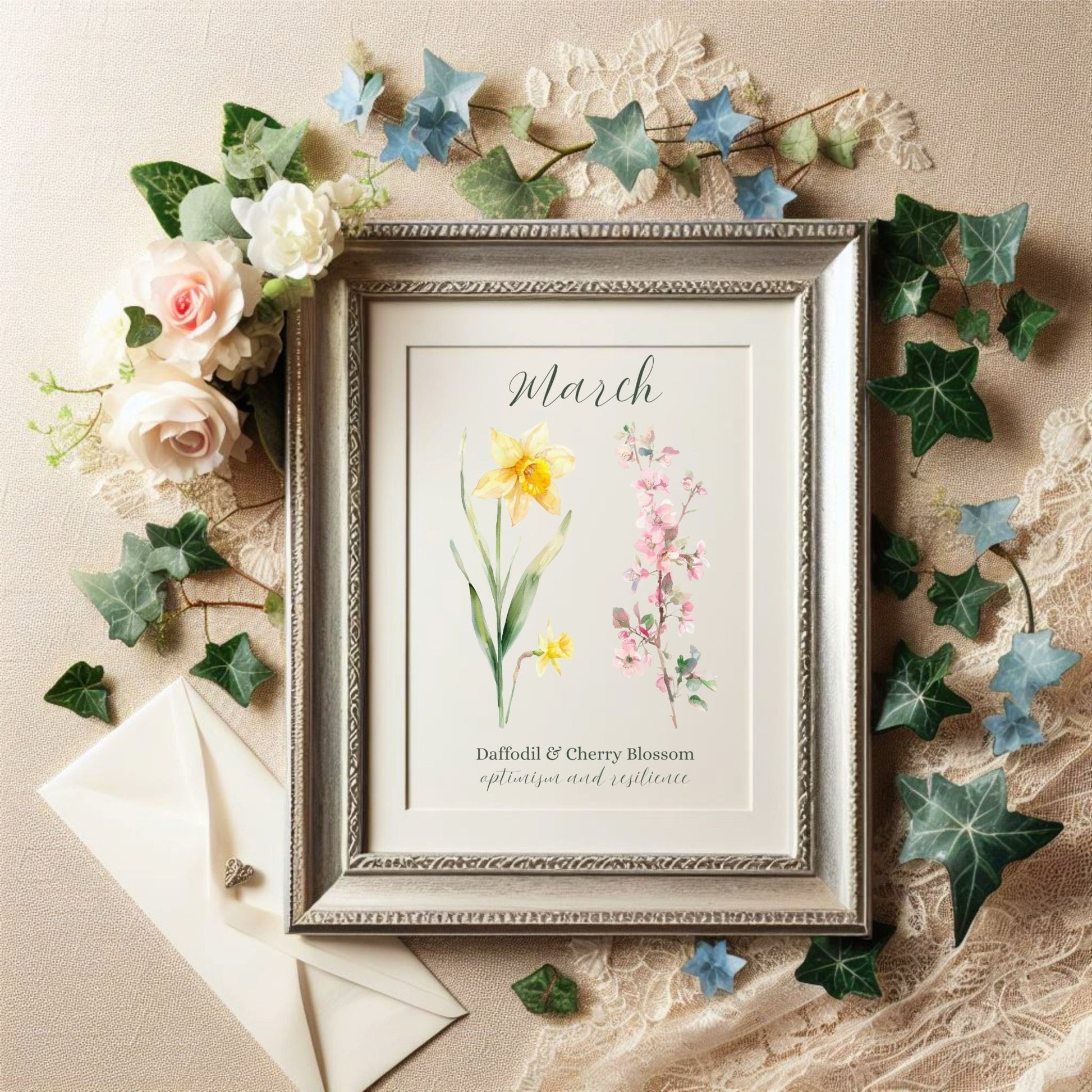Framed watercolor art print featuring yellow daffodils and pink cherry blossoms for March, surrounded by lace and flowers.