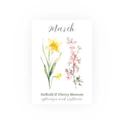 Watercolor March birth month flower art print with yellow daffodils and pink cherry blossoms on satin paper.