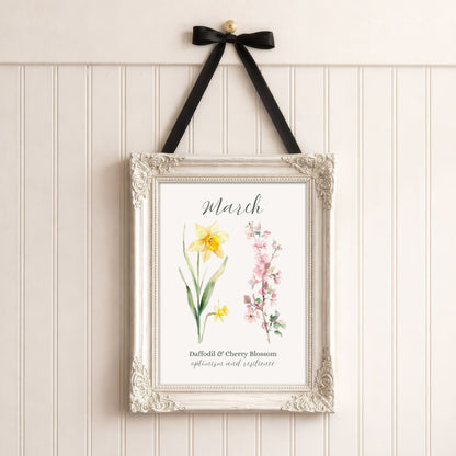 Watercolor March birth month flower art print with yellow daffodils and pink cherry blossoms in an ornate white frame.
