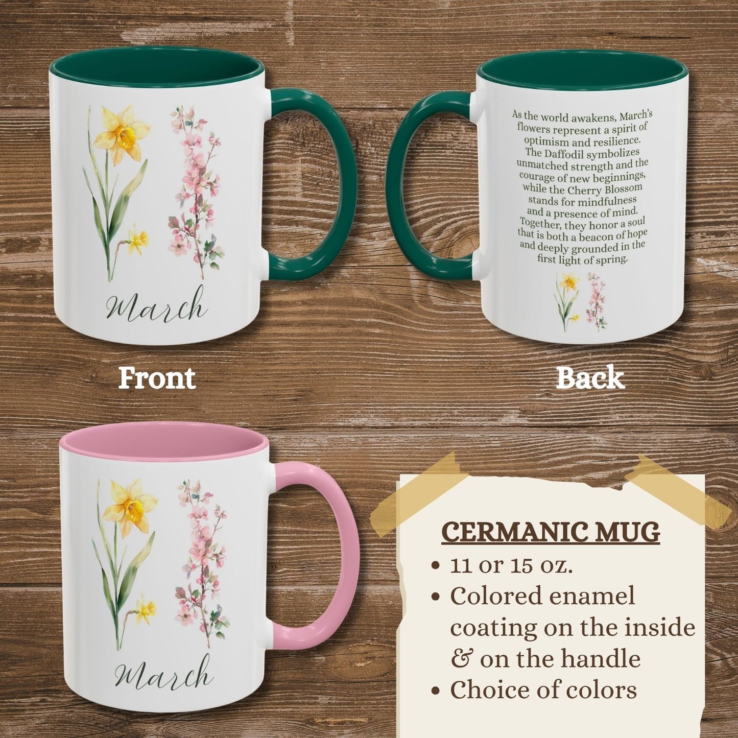 White ceramic mug with daffodil and cherry blossom design, "March" text, and green or pink interior/handle.