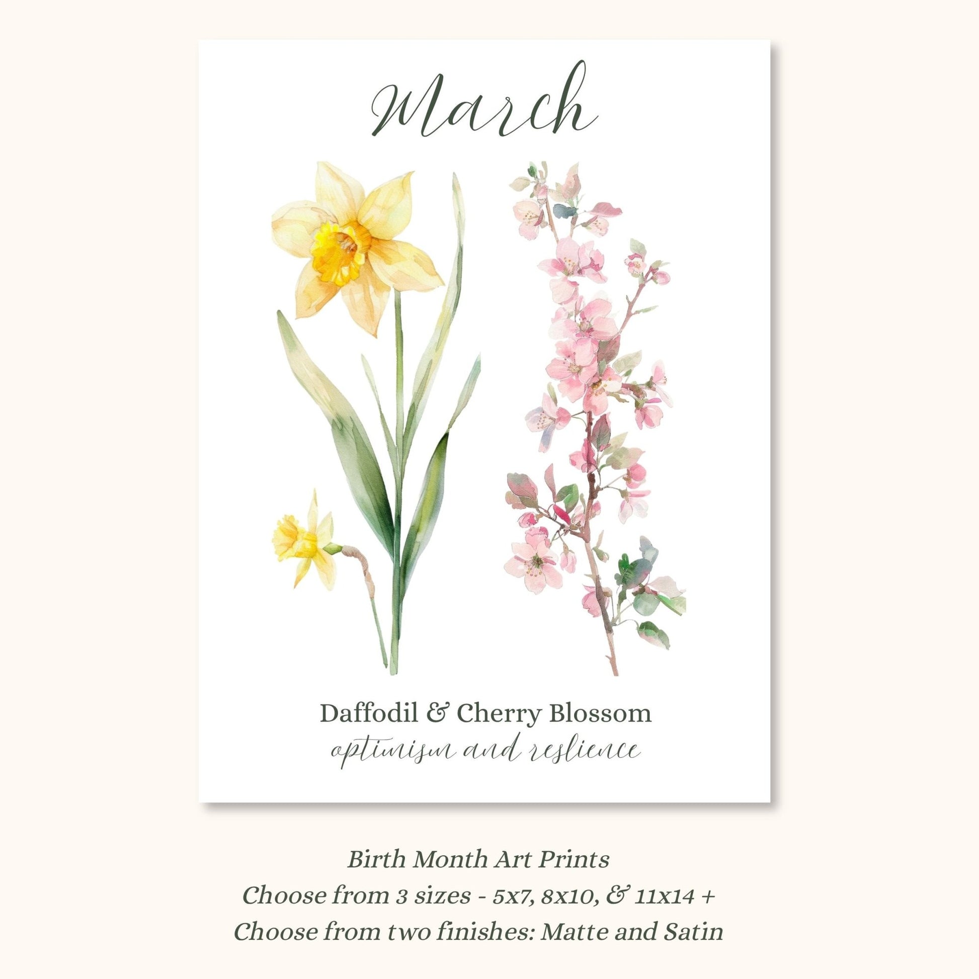 March birth month art print with watercolor daffodils and cherry blossoms, symbolizing optimism and resilience.