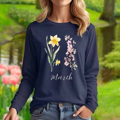 Navy long-sleeve tee with hand-drawn daffodil, pink cherry blossoms, and "March" script.