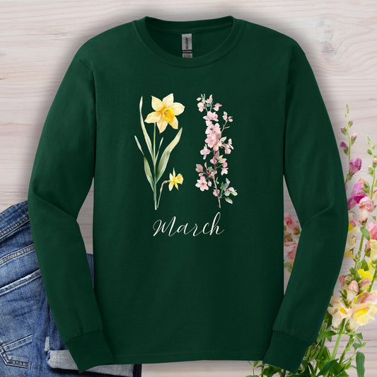 March Birth Month Flower Long Sleeve Tee — Daffodil & Cherry Blossoms