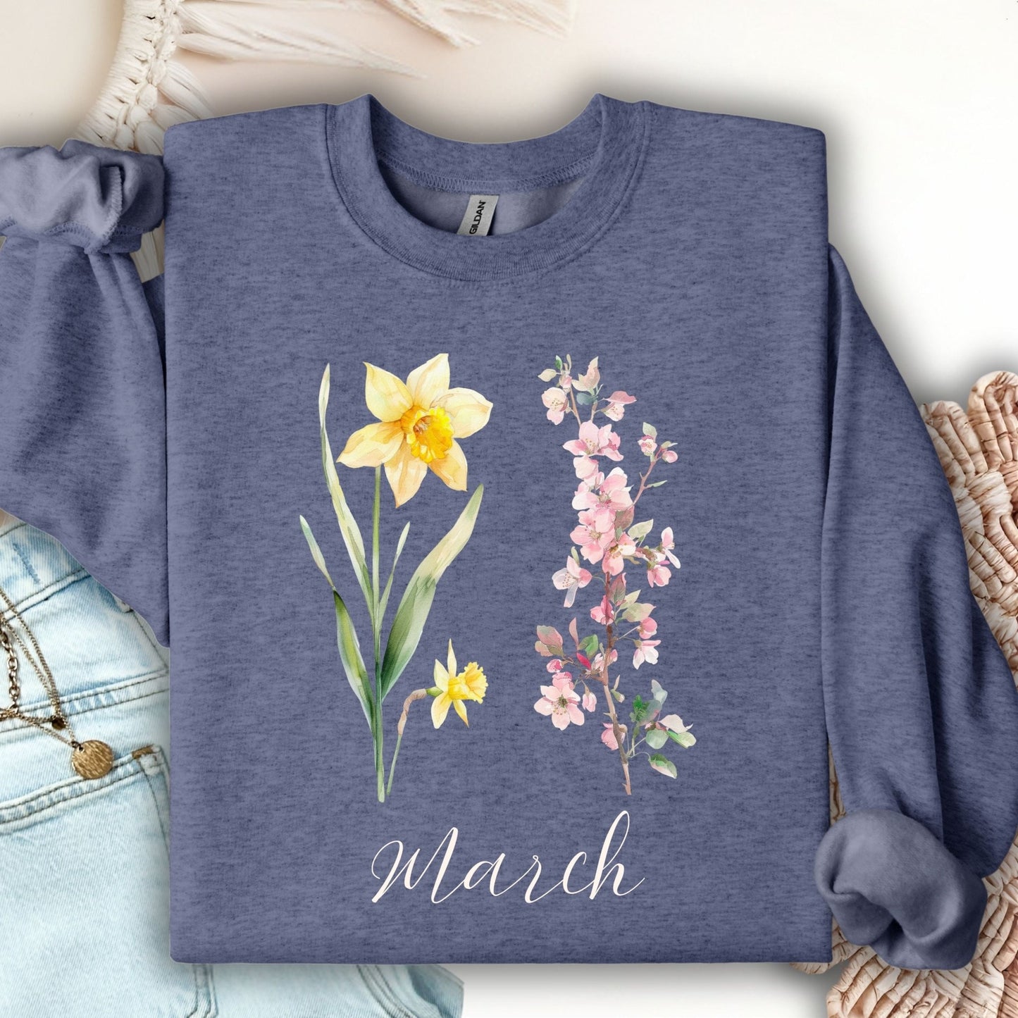 March Birth Month Flower Sweatshirt — Daffodil & Cherry Blossoms