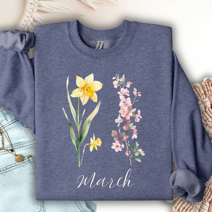 March Birth Month Flower Sweatshirt — Daffodil & Cherry Blossoms