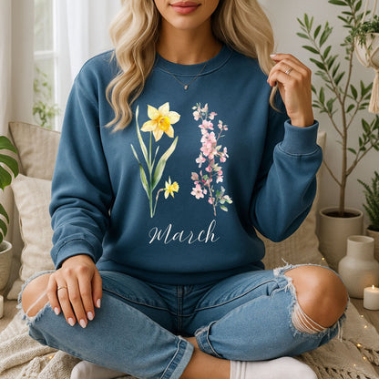 March Birth Month Flower Sweatshirt — Daffodil & Cherry Blossoms