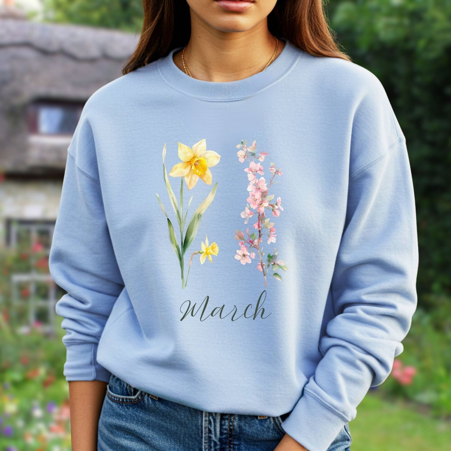 March Birth Month Flower Sweatshirt — Daffodil & Cherry Blossoms
