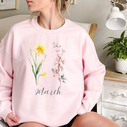 March Birth Month Flower Sweatshirt — Daffodil & Cherry Blossoms