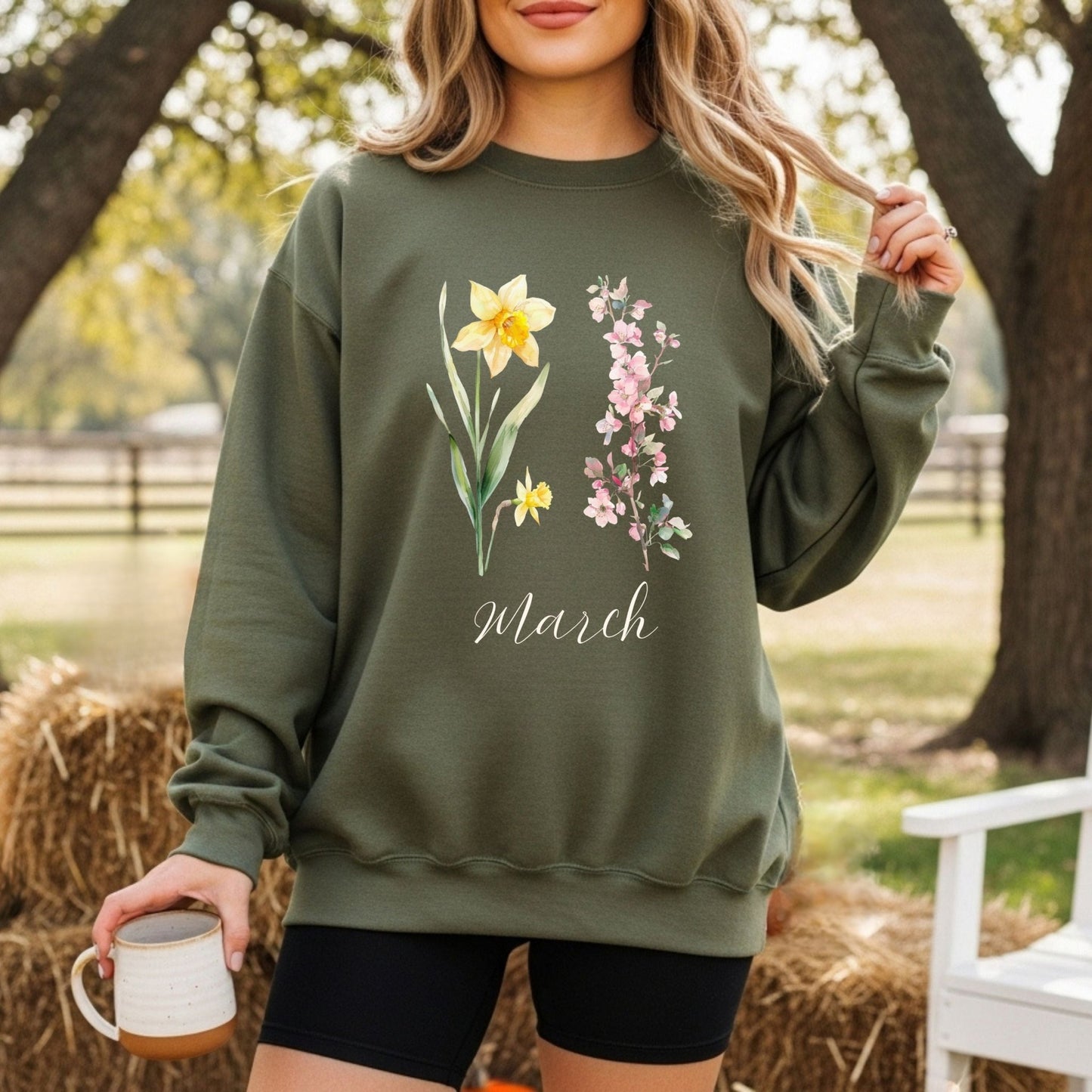 March Birth Month Flower Sweatshirt — Daffodil & Cherry Blossoms