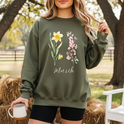 March Birth Month Flower Sweatshirt — Daffodil & Cherry Blossoms