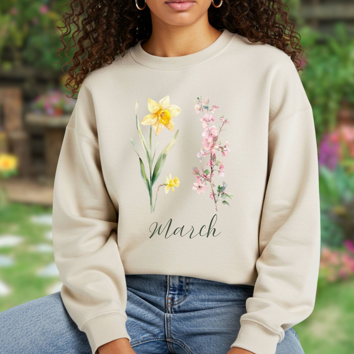 March Birth Month Flower Sweatshirt — Daffodil & Cherry Blossoms
