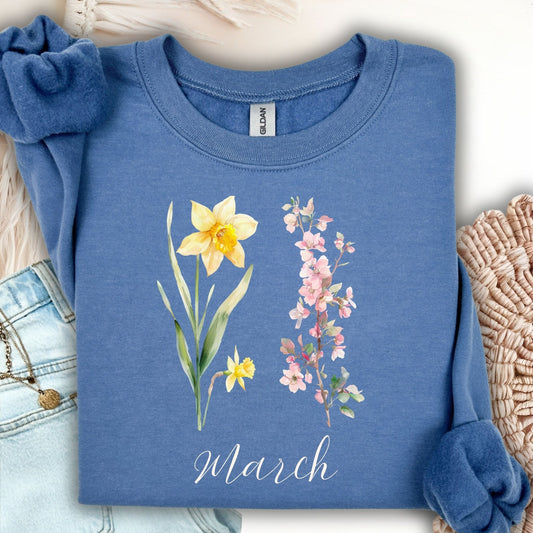 March Birth Month Flower Sweatshirt — Daffodil & Cherry Blossoms