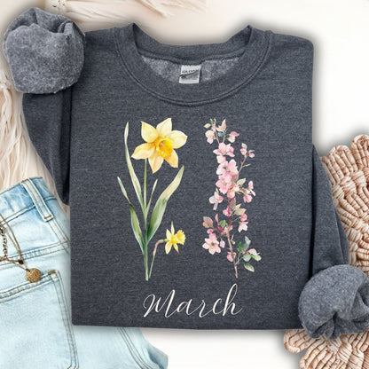 March Birth Month Flower Sweatshirt — Daffodil & Cherry Blossoms