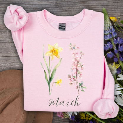 March Birth Month Flower Sweatshirt — Daffodil & Cherry Blossoms