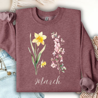March Birth Month Flower Sweatshirt — Daffodil & Cherry Blossoms