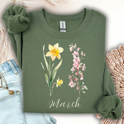 March Birth Month Flower Sweatshirt — Daffodil & Cherry Blossoms