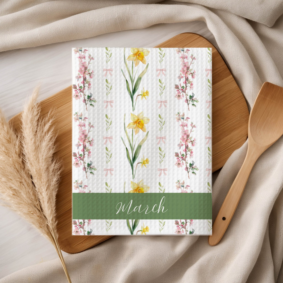 March Birth Month Flower Art Print with daffodils and cherry blossoms on a waffle-textured background.