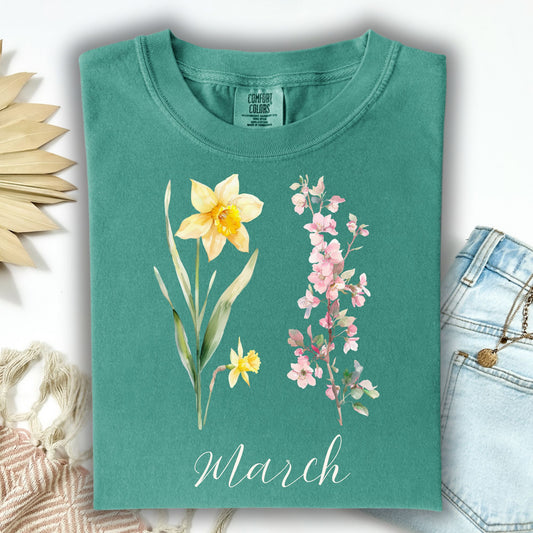 March Birth Month T‑Shirt — Daffodil & Cherry Blossoms