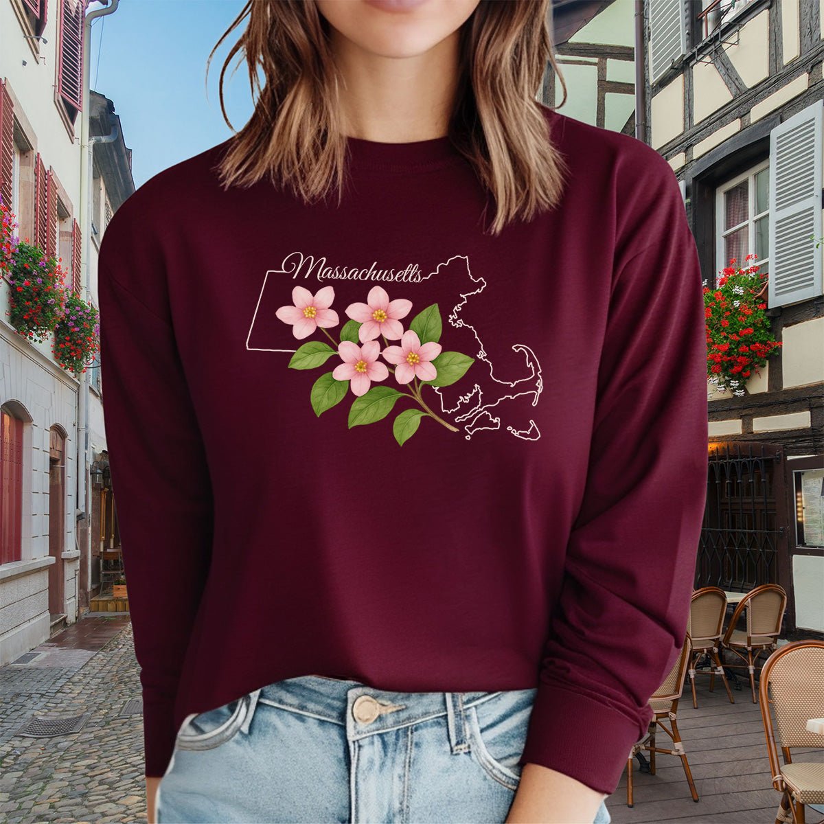 Massachusetts State Flower Long Sleeve Tee - Mayflower