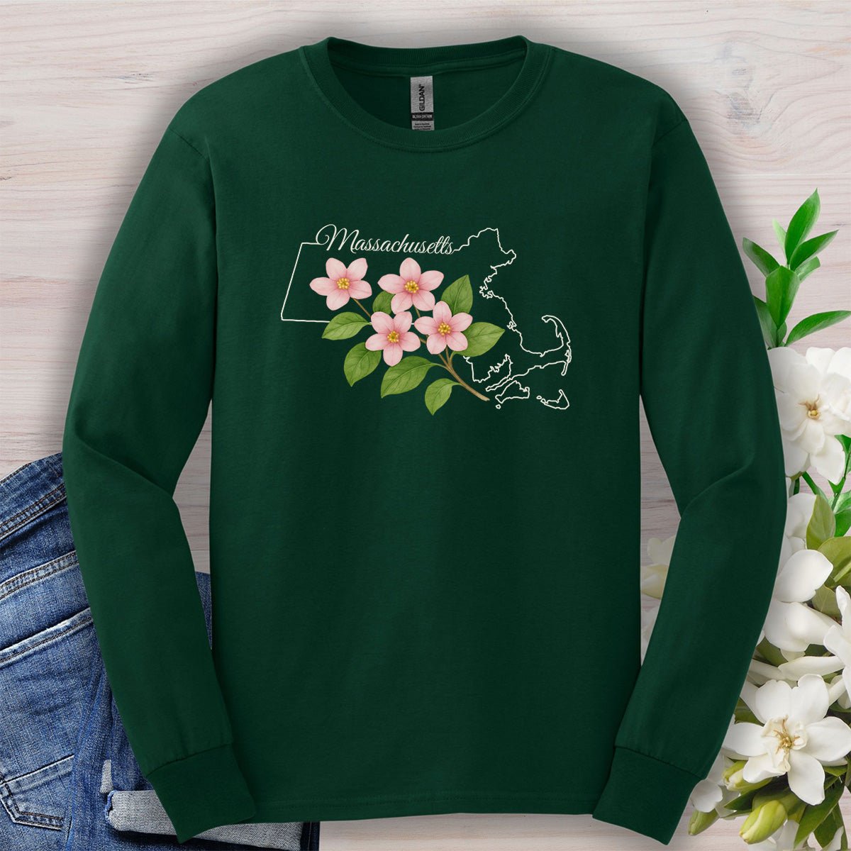 Massachusetts State Flower Long Sleeve Tee - Mayflower