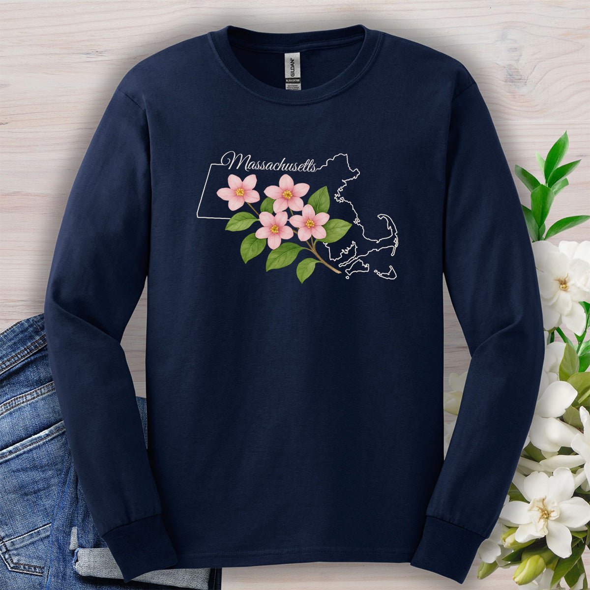 Massachusetts State Flower Long Sleeve Tee - Mayflower