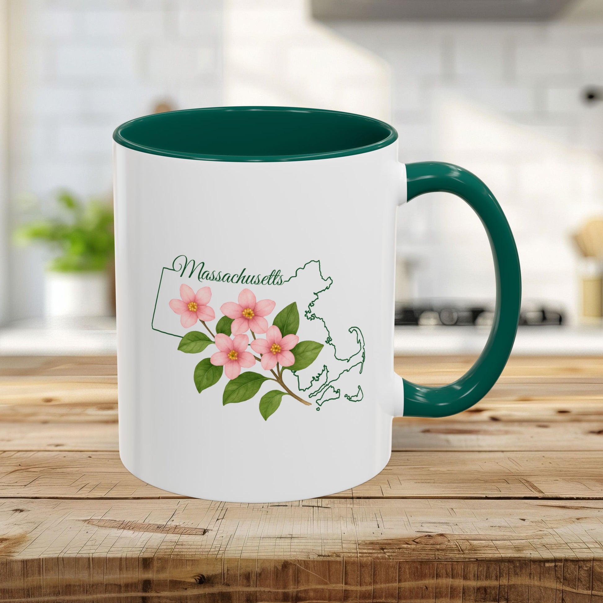 White 11oz ceramic mug with green handle and interior, featuring a watercolor Mayflower and Massachusetts state outline.