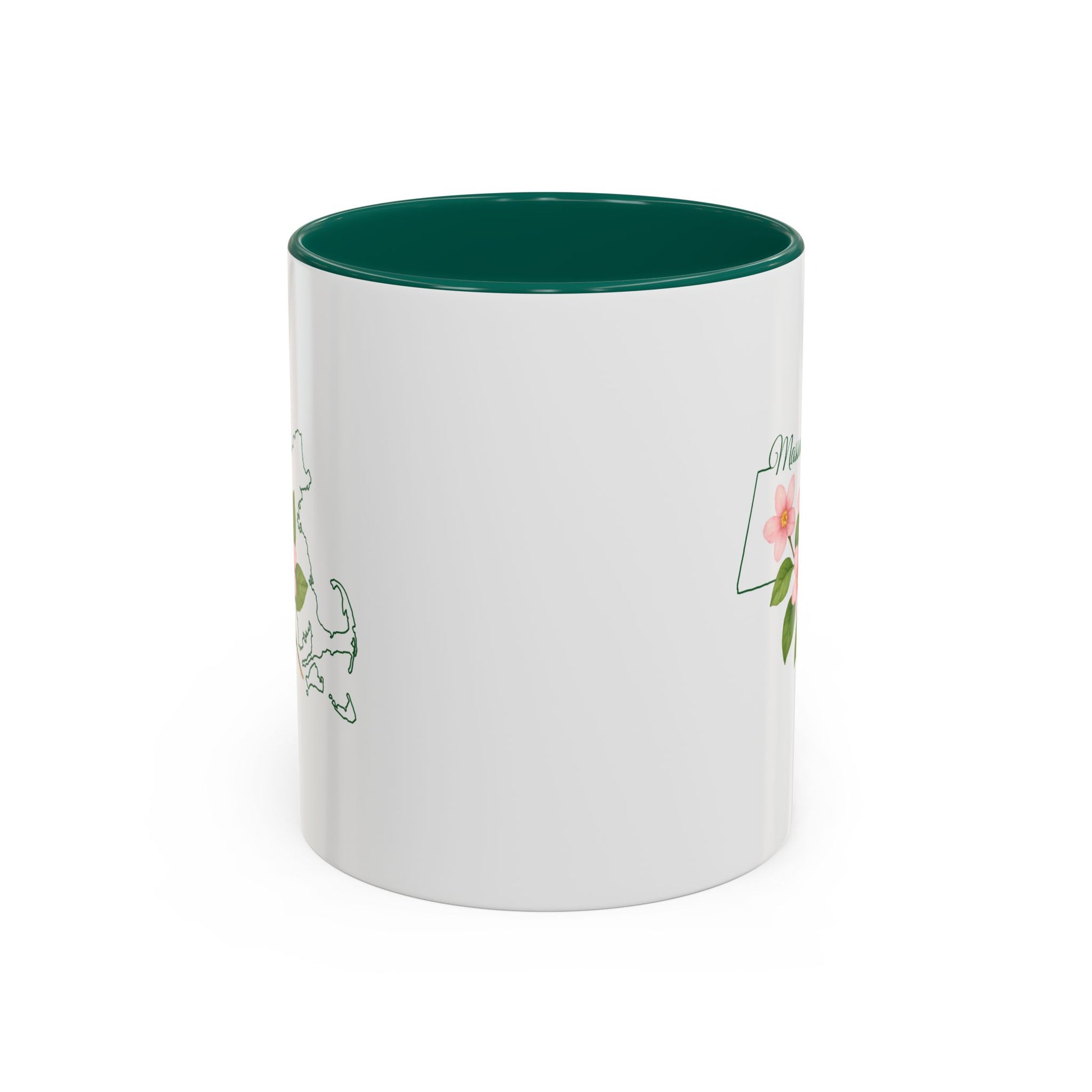 White ceramic mug with a green interior and handle, featuring a Massachusetts state outline and Mayflower design.