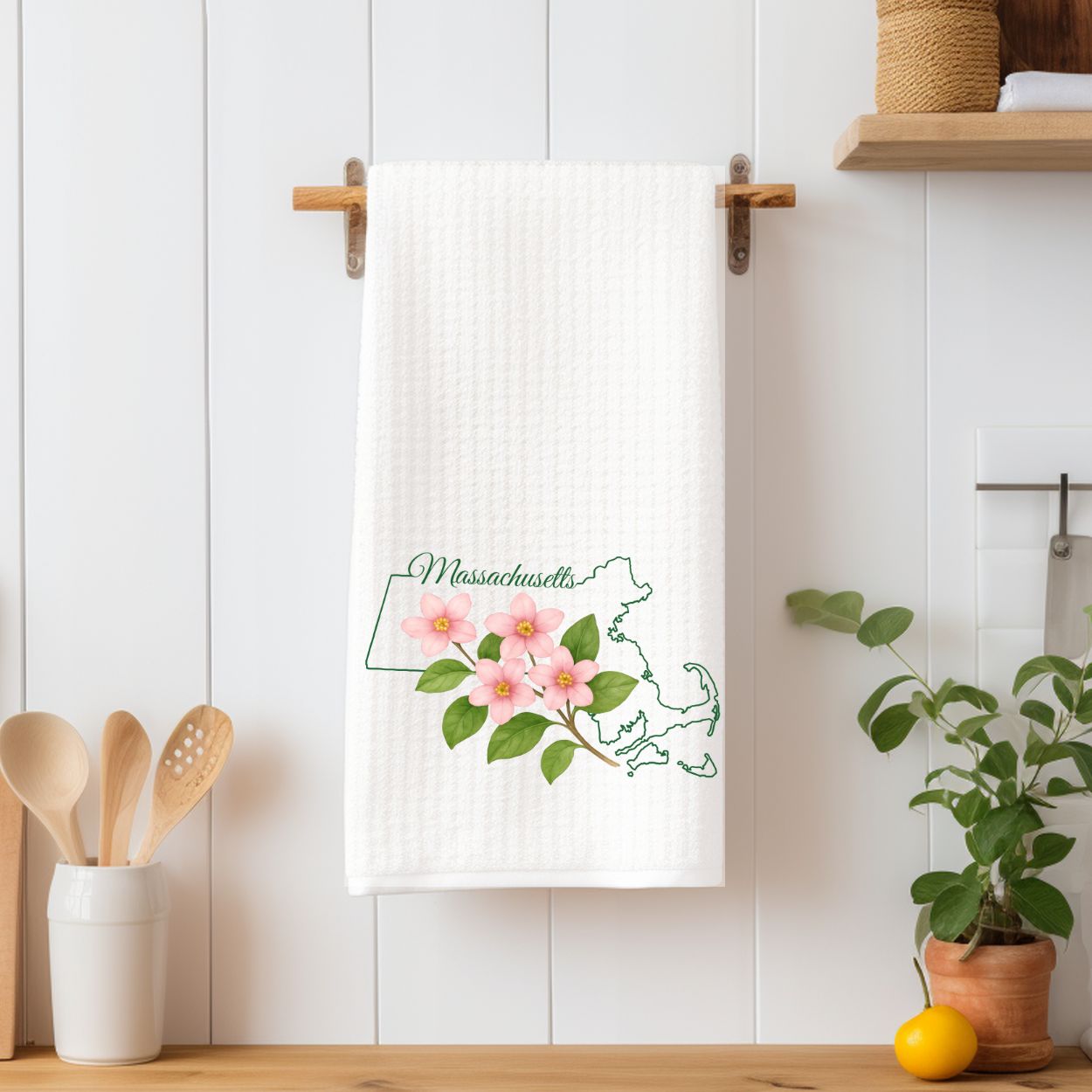 Massachusetts State Flower Tea Towel — Mayflower
