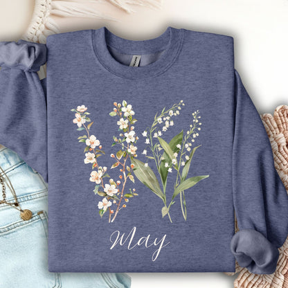 May Birth Flower Sweatshirt — Lily of the Valley & Hawthorn