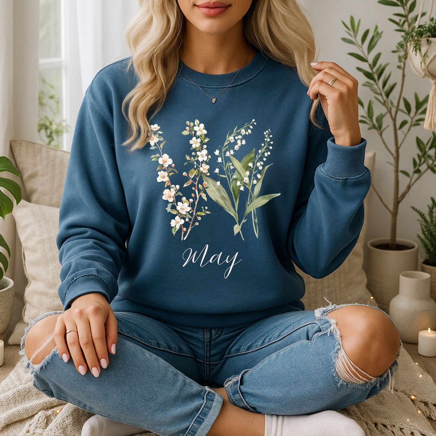 May Birth Flower Sweatshirt — Lily of the Valley & Hawthorn