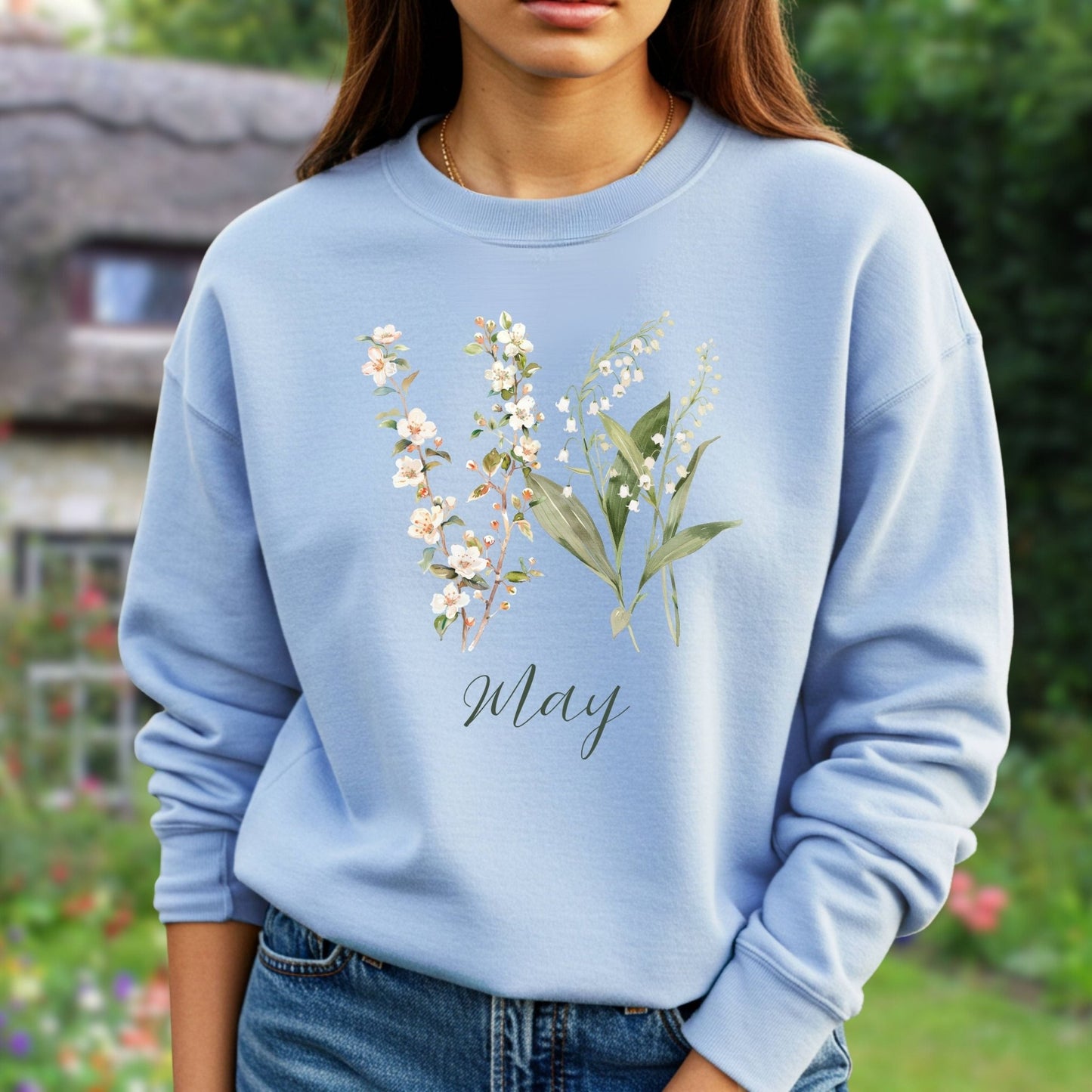 May Birth Flower Sweatshirt — Lily of the Valley & Hawthorn