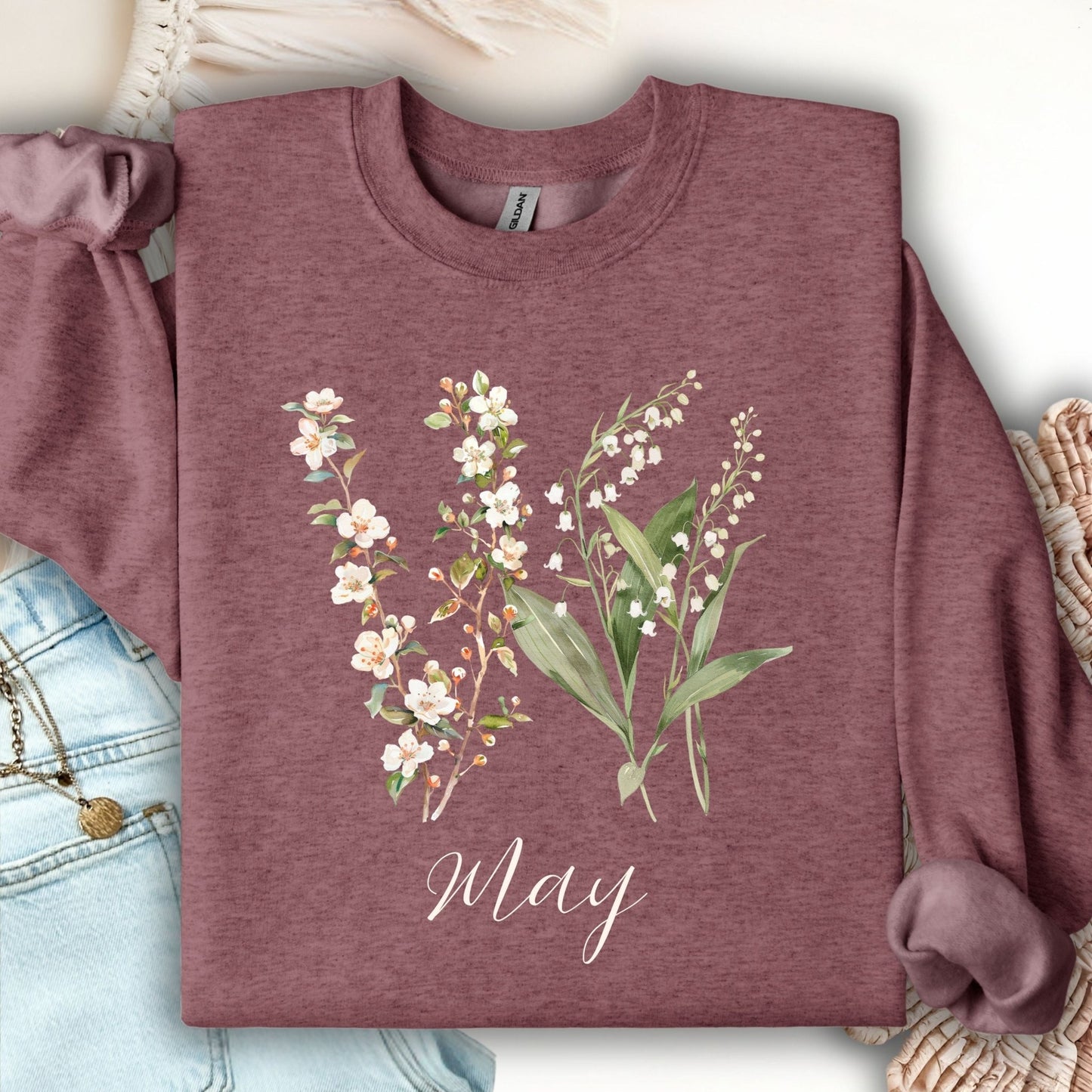 May Birth Flower Sweatshirt — Lily of the Valley & Hawthorn