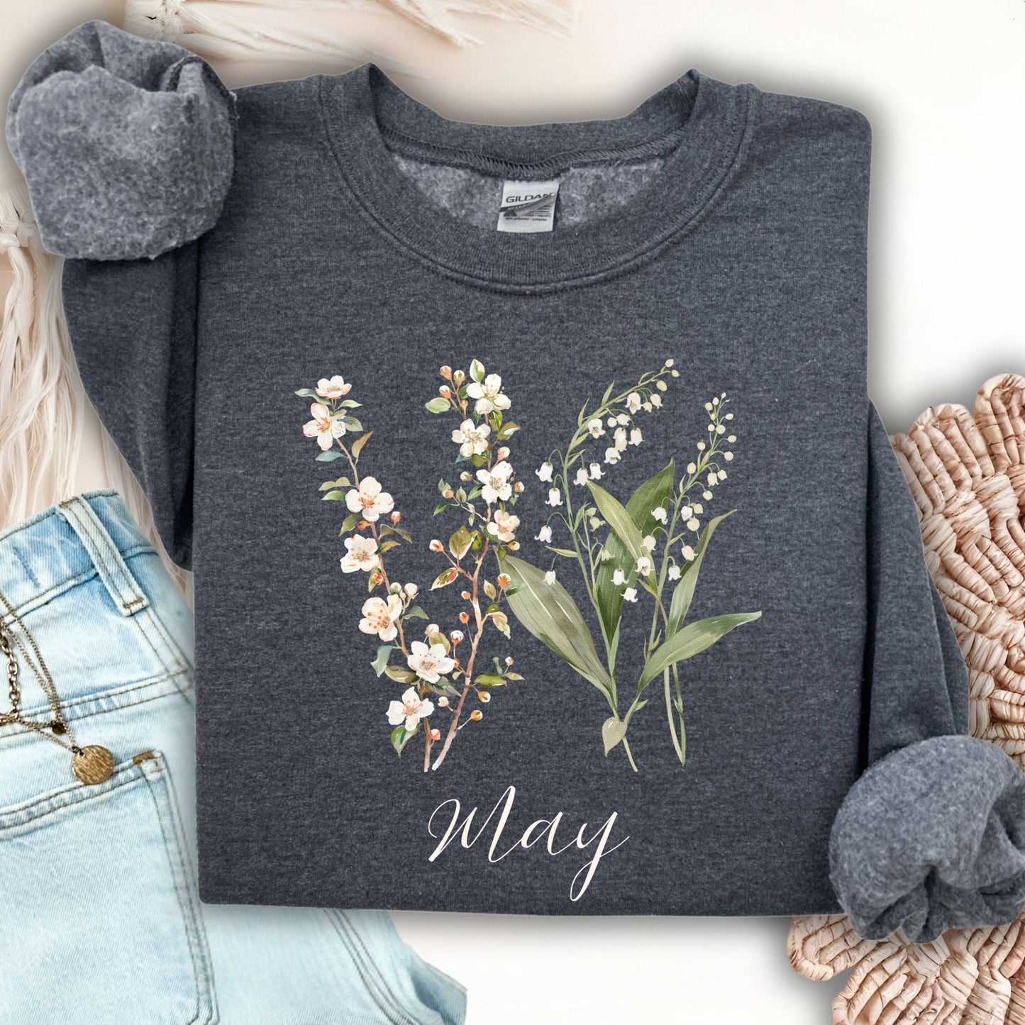 May Birth Flower Sweatshirt — Lily of the Valley & Hawthorn