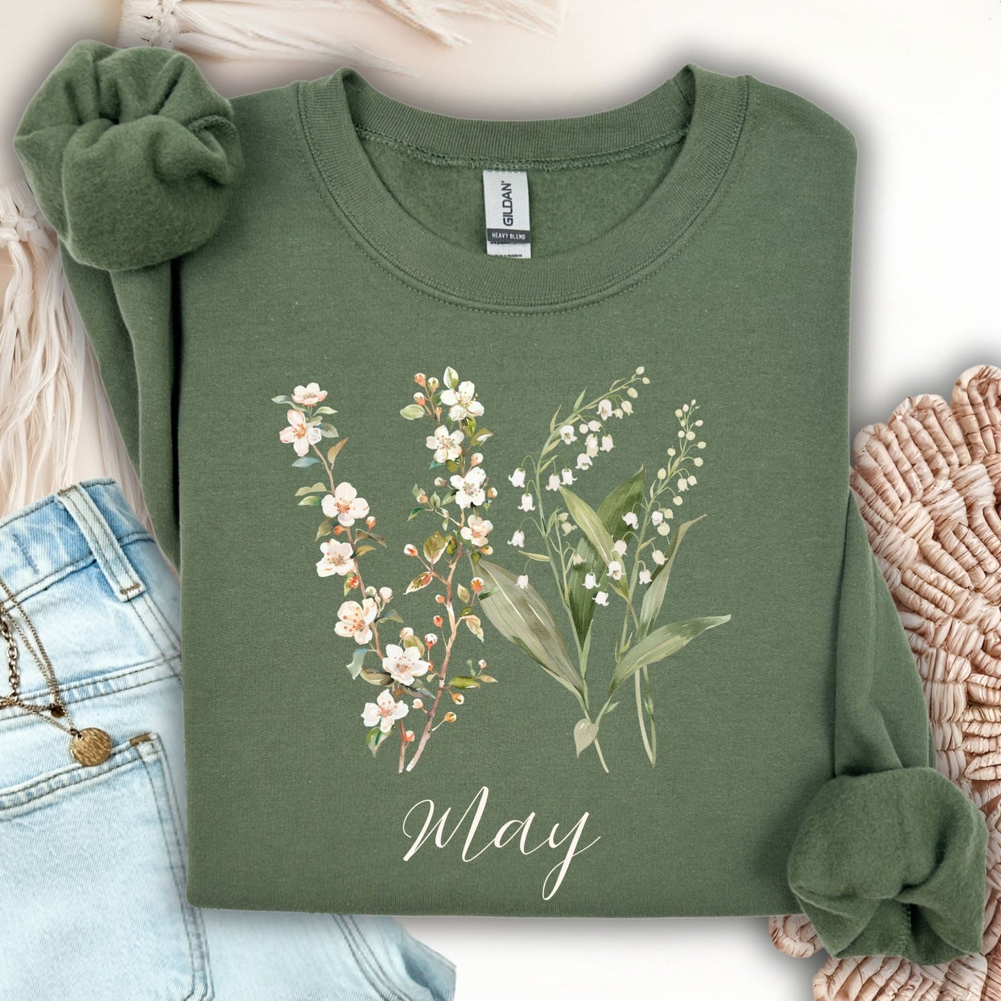 May Birth Flower Sweatshirt — Lily of the Valley & Hawthorn