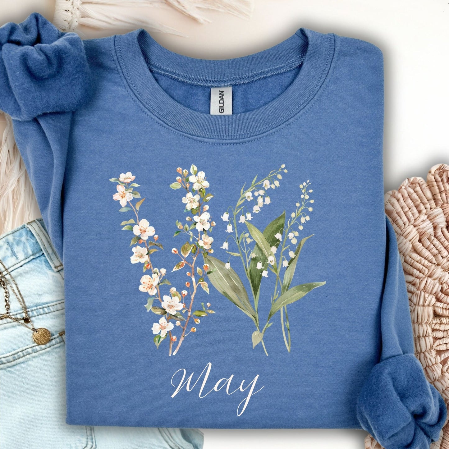 May Birth Flower Sweatshirt — Lily of the Valley & Hawthorn