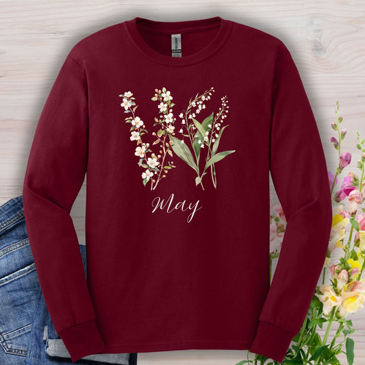 May Birth Month Flower Long Sleeve Tee — Lily of the Valley & Hawthorn