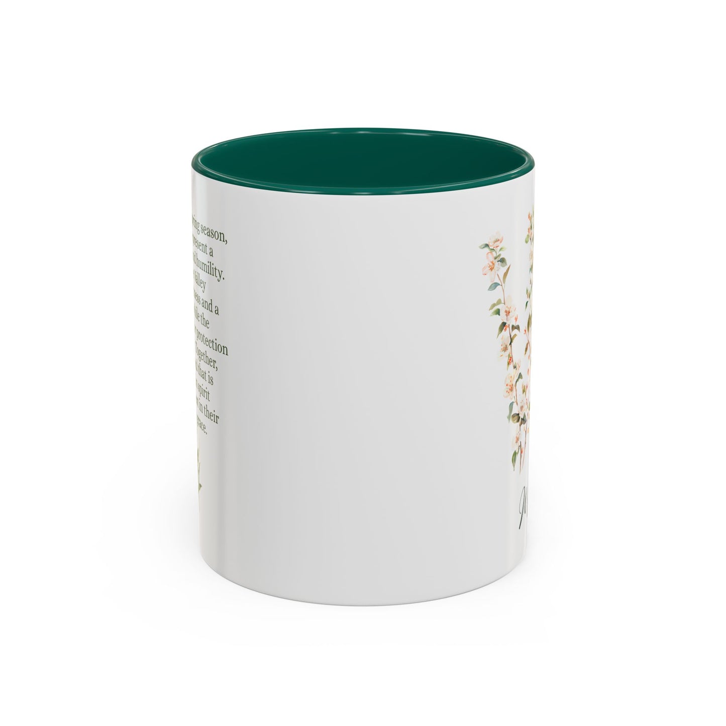 White ceramic May Birth Month Flower Mug with a dark green handle and interior, featuring delicate floral sprigs.