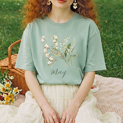 May Birth Month T‑Shirt — Lily of the Valley & Hawthorn